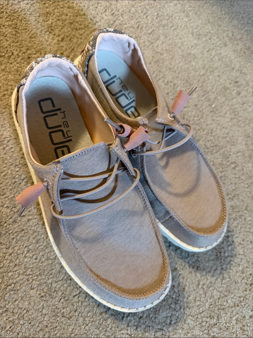 Hey Dude Women's Slip-On Moccasins in Taupe and Pink Accents